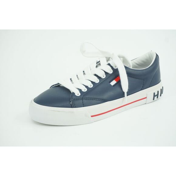 Tommy Hilfiger Flintz Flag Flat Leather Sneakers SZ 6.5 Blue Logo Low Top - Picture 1 of 10